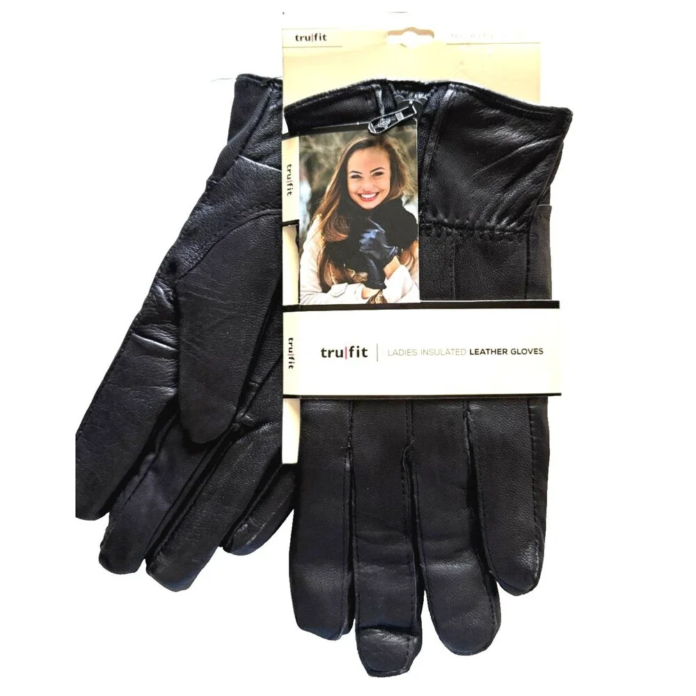 Trufit Ladies Gloves Size OS Genuine Black Leather Fleece Lined Zip Front